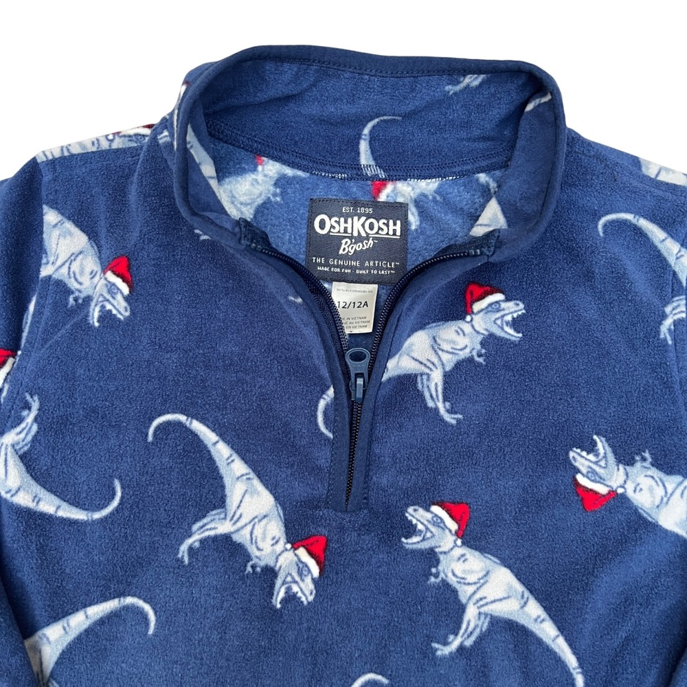 OshKosh B'gosh Kids Sz 12 Blue & Grey Fleece 1/4 Zip Pullover Dinosaur Santa Hat